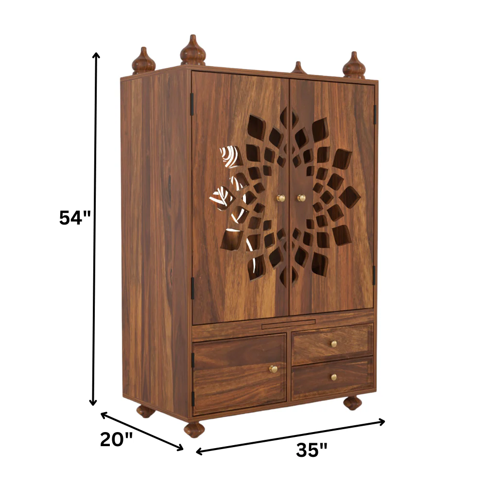 Traditional Majesty Solid Sheesham Wood Home Mandir with Cabinet Storage - Image 6