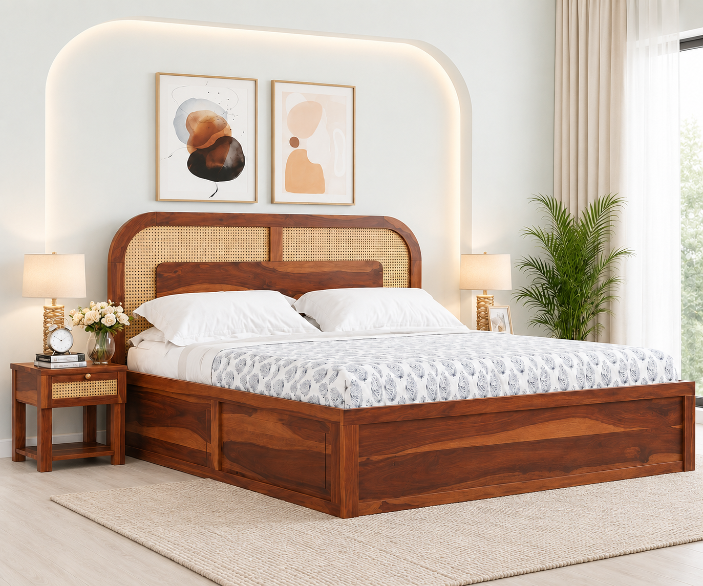 Trevoria Solid Sheesham Wood Bed in Natural Teak Finish