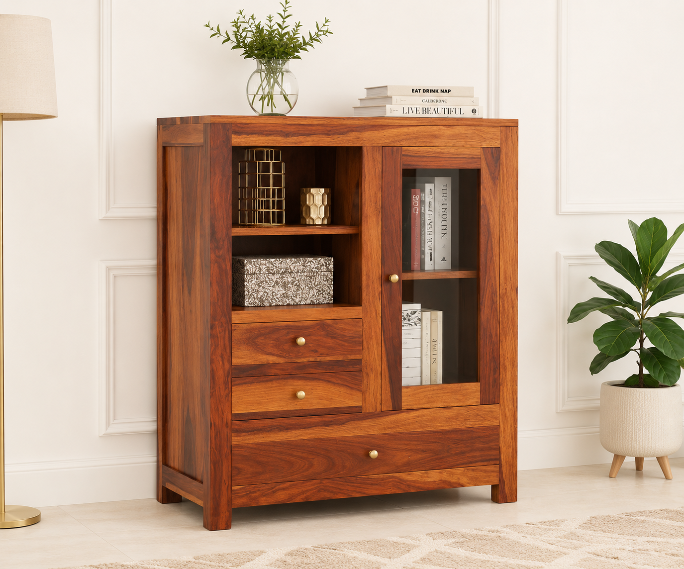 Vanora Solid Sheesham Wood Cabinet in Walnut Finish