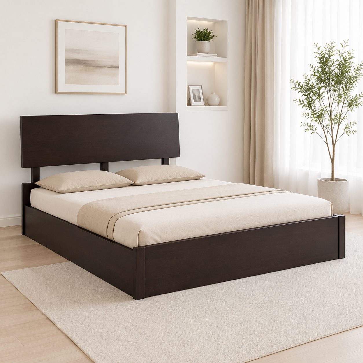 Vanya Sheesham Wood King Size Bed With Hydraulic Storage In Natural Teak Finish