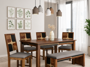 Varello Solid Sheesham Wood 6 Seater Dining Set with Fabric Chairs