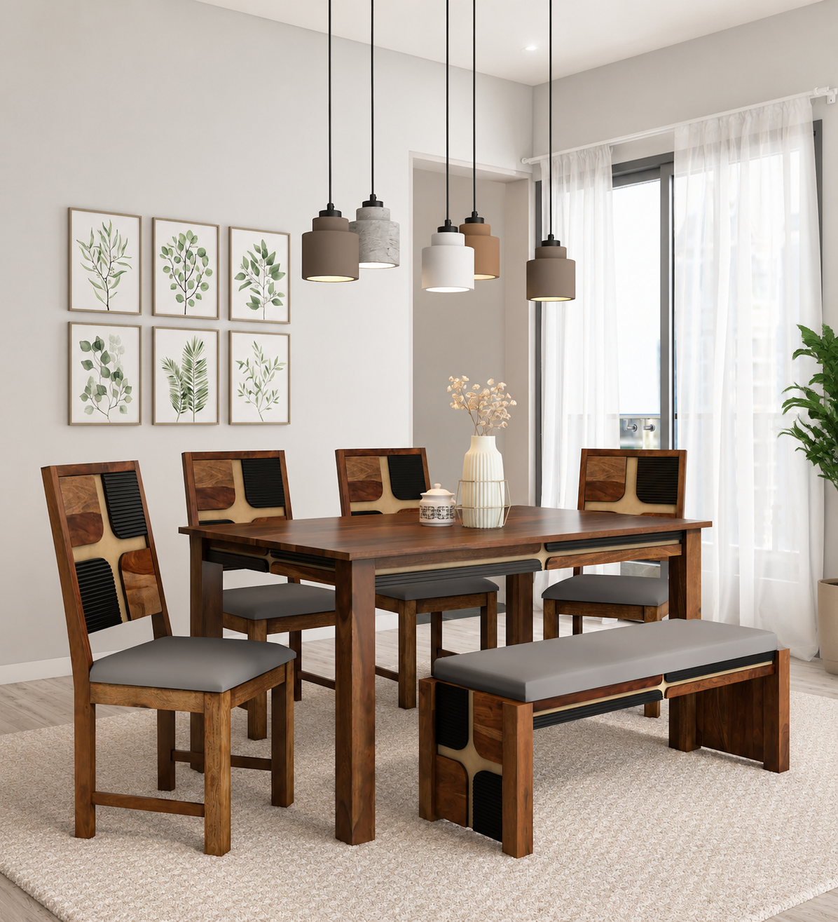 Varello Solid Sheesham Wood 6 Seater Dining Set with Fabric Chairs