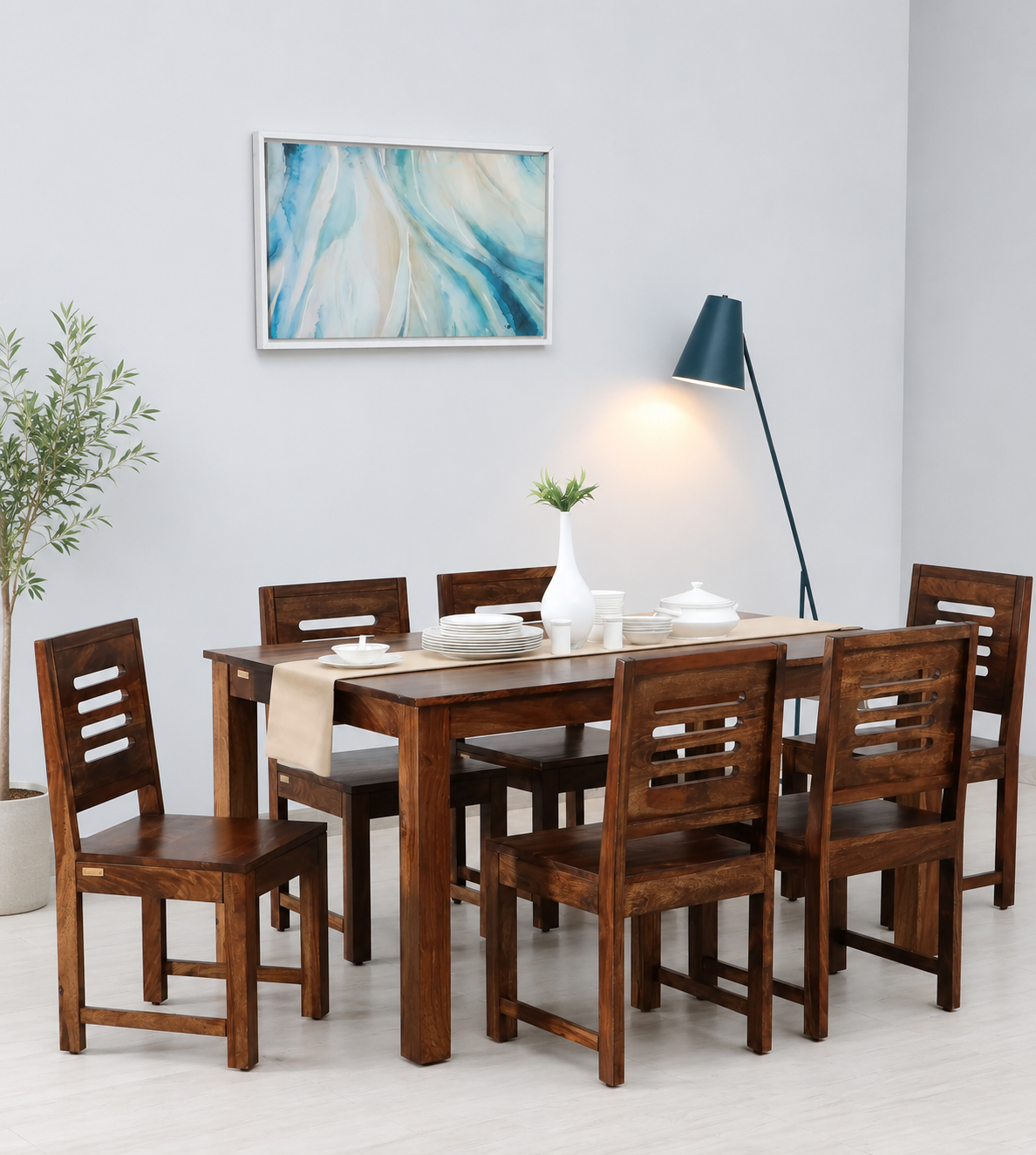 Velmont Solid Sheesham Wood 6 Seater Dining Set in Walnut Finish