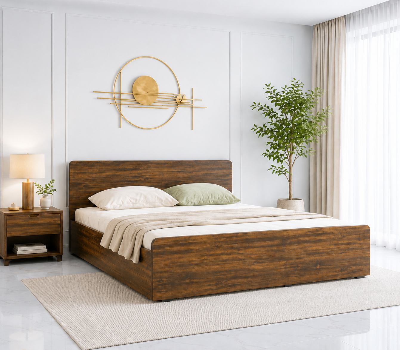 Velmora Premium Solid Wood Bed with Contemporary Design in Honey Oak Finish