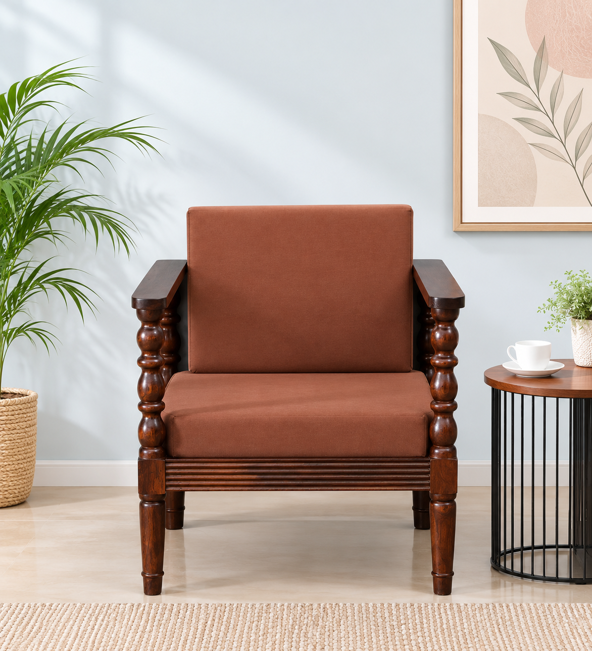 Velora Sheesham Wood Upholstered 1 Seater Sofa in Provincial Teak Finish
