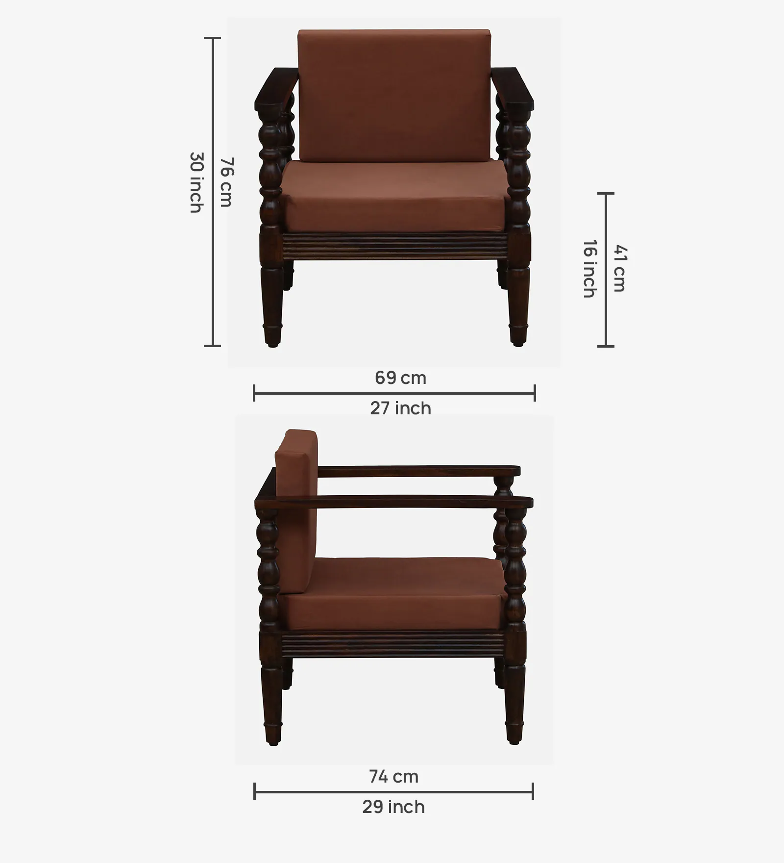 Velora Sheesham Wood Upholstered 1 Seater Sofa in Provincial Teak Finish - Image 4