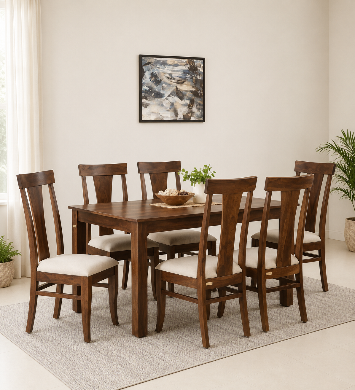 Vensora Solid Sheesham Wood 6 Seater Dining Set with Upholstered Chairs