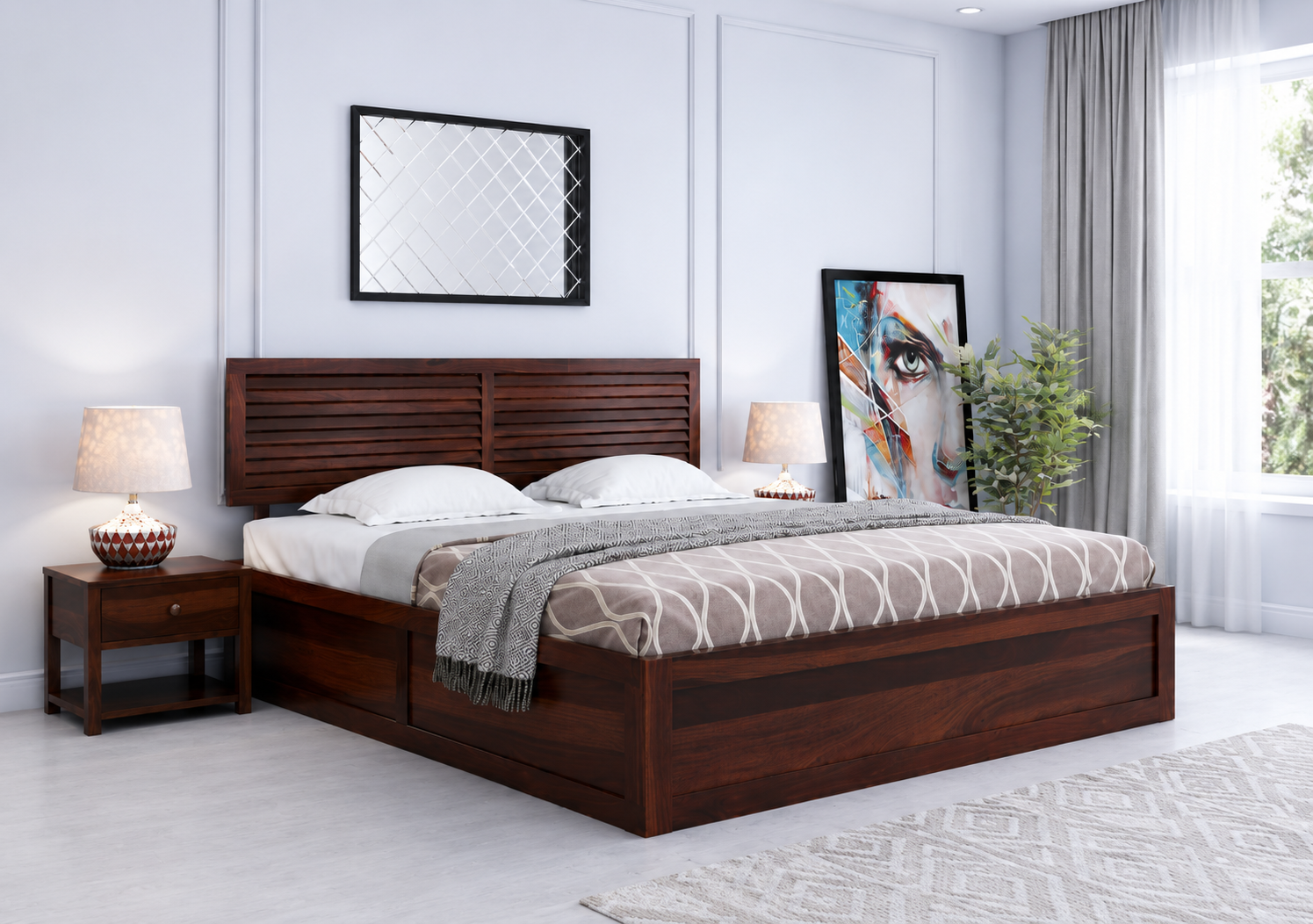 Verona Solid Sheesham Wood Storage Bed in Elegant Walnut Finish