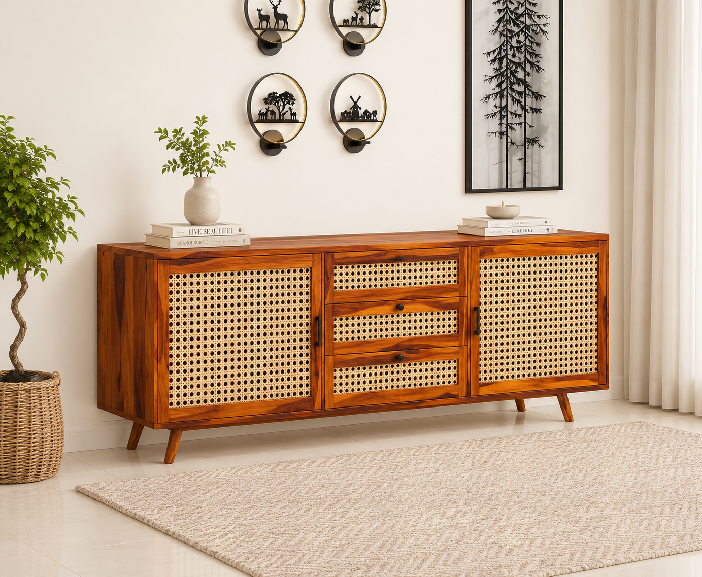 Woodcrest Solid Sheesham Wood Multi Utility Cabinet in Teak Finish