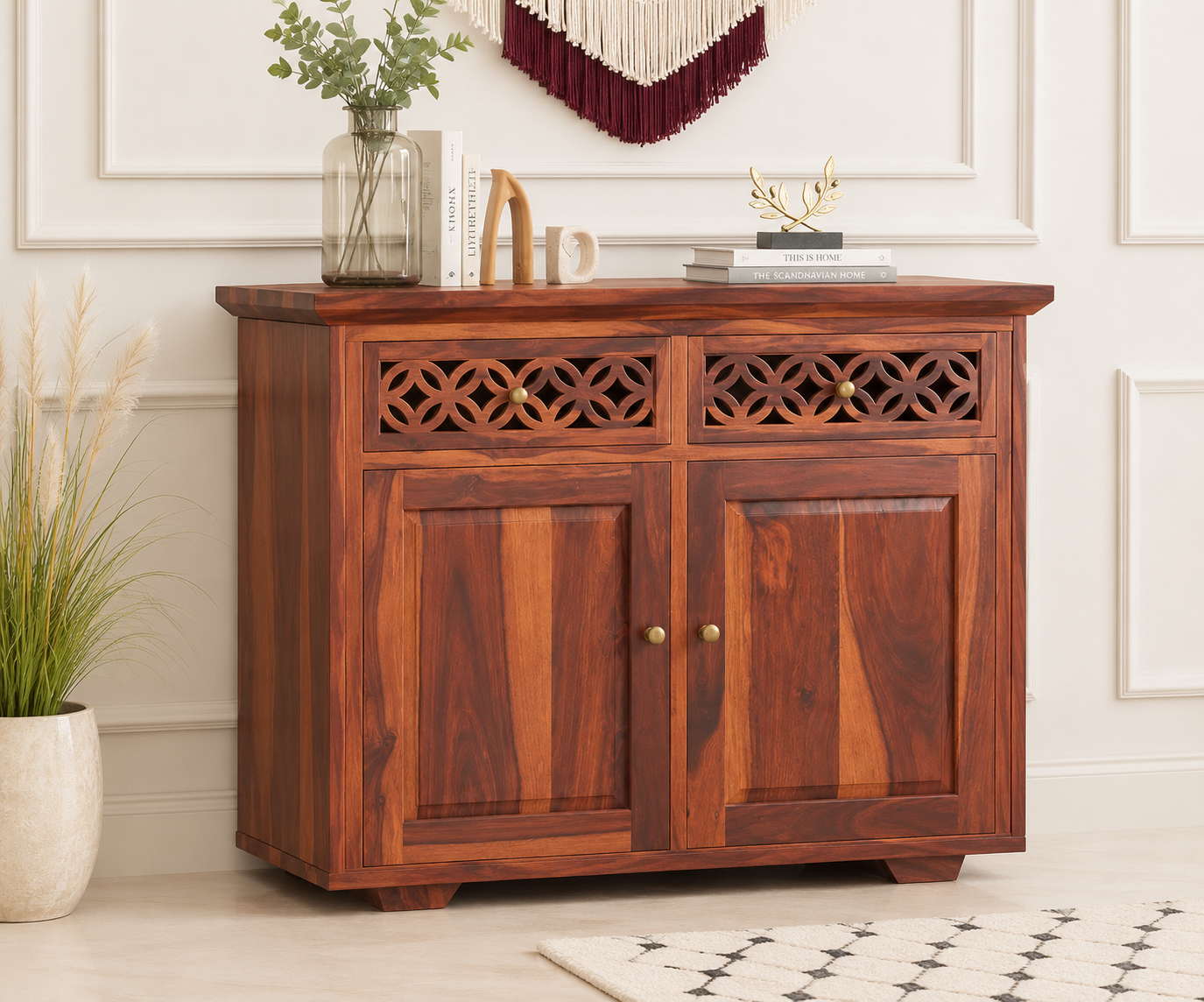 Woodhaven Solid Sheesham Wood Utility Cabinet in Honey Oak Finish
