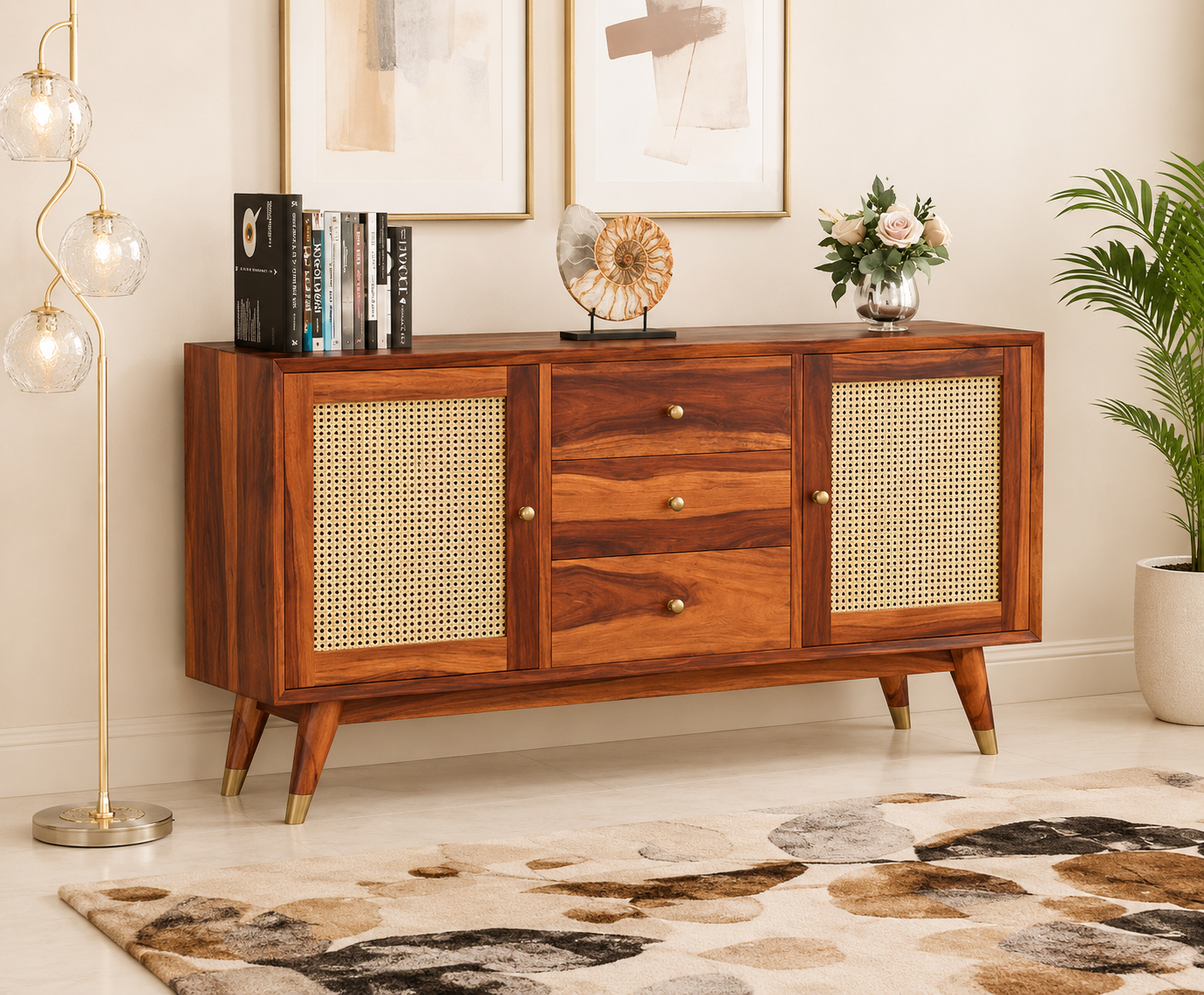 Woodland Craft Solid Sheesham Wood Storage Cabinet in Natural Finish