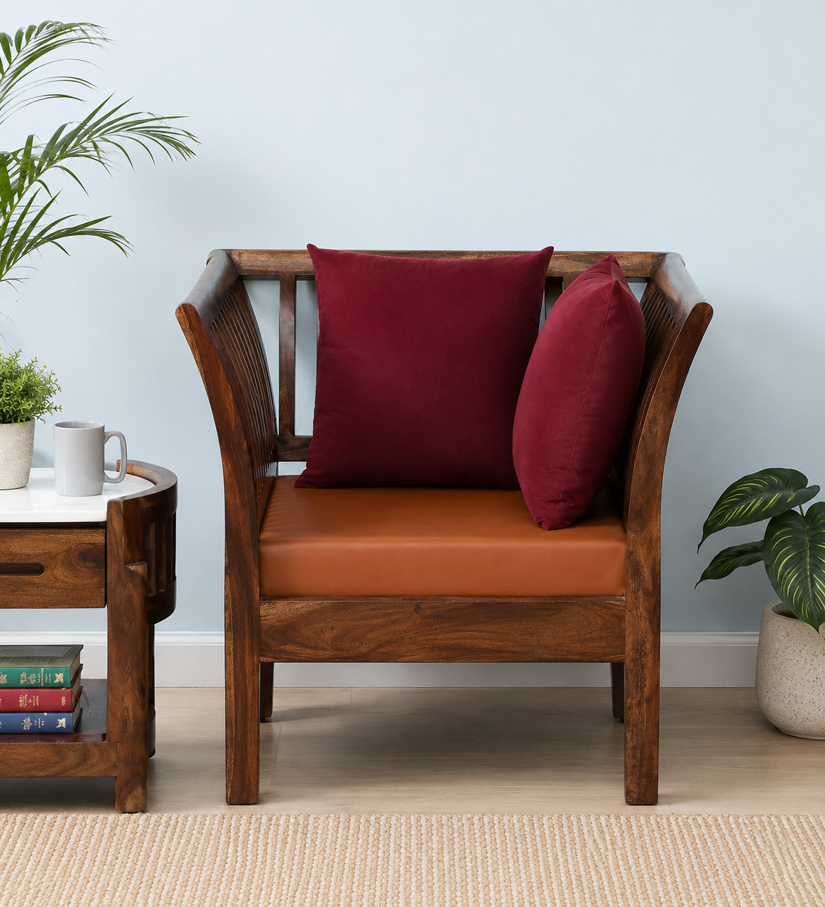 Zorvik Sheesham Wood Living Room 1 Seater Sofa in Honey Finish
