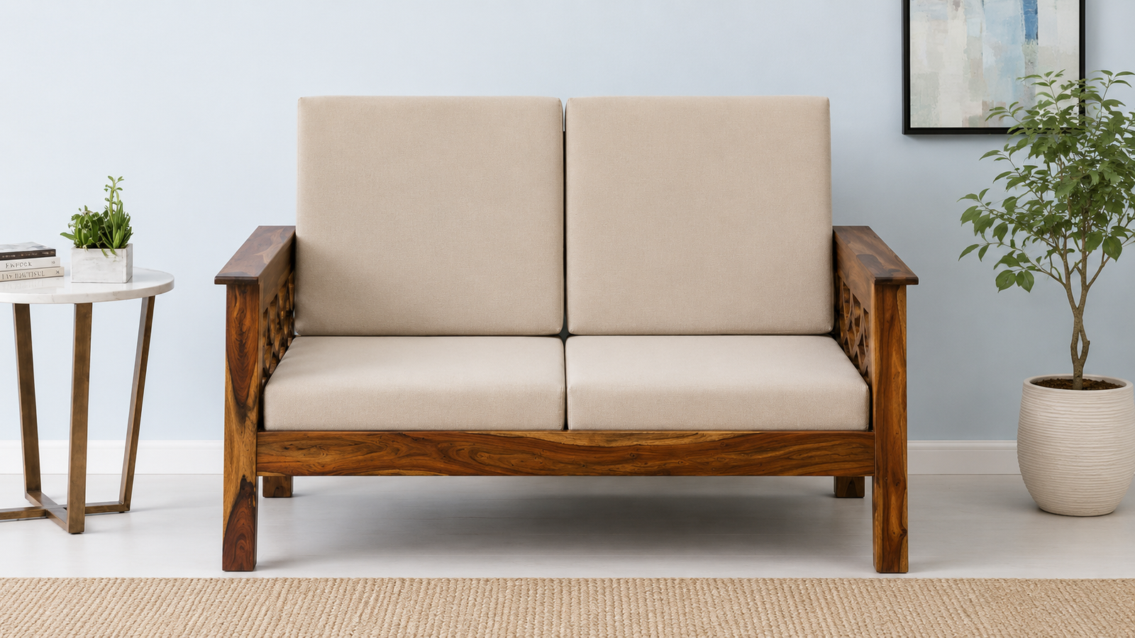 Eloria Premium Sheesham Wood 2 Seater Sofa in Natural Teak Finish - Image 2