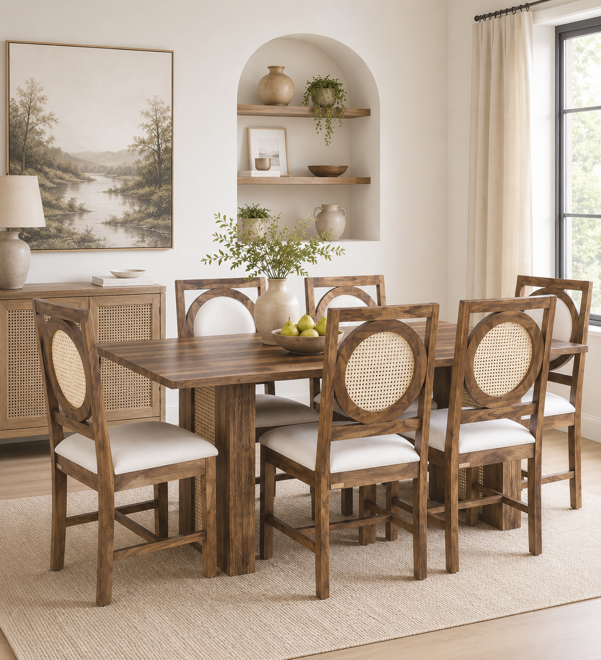 Solid Sheesham Wood 6 Seater Dining Table Set in Honey Finish