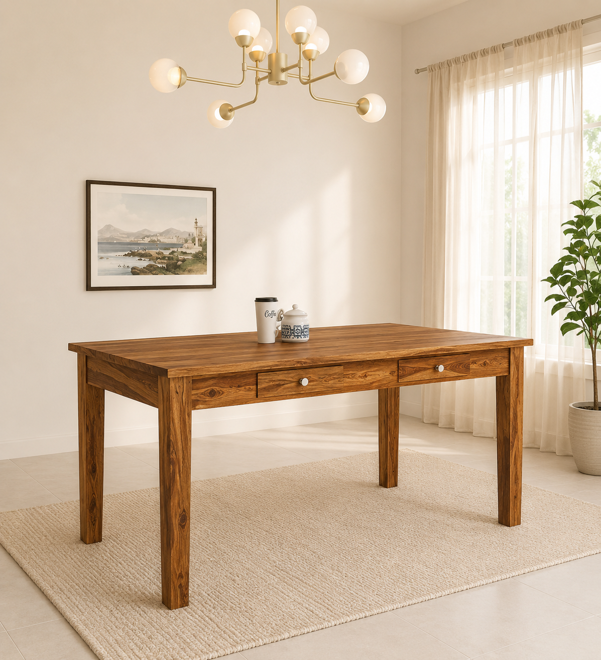 Orlena Solid Sheesham Wood Dining Table with Natural Finish