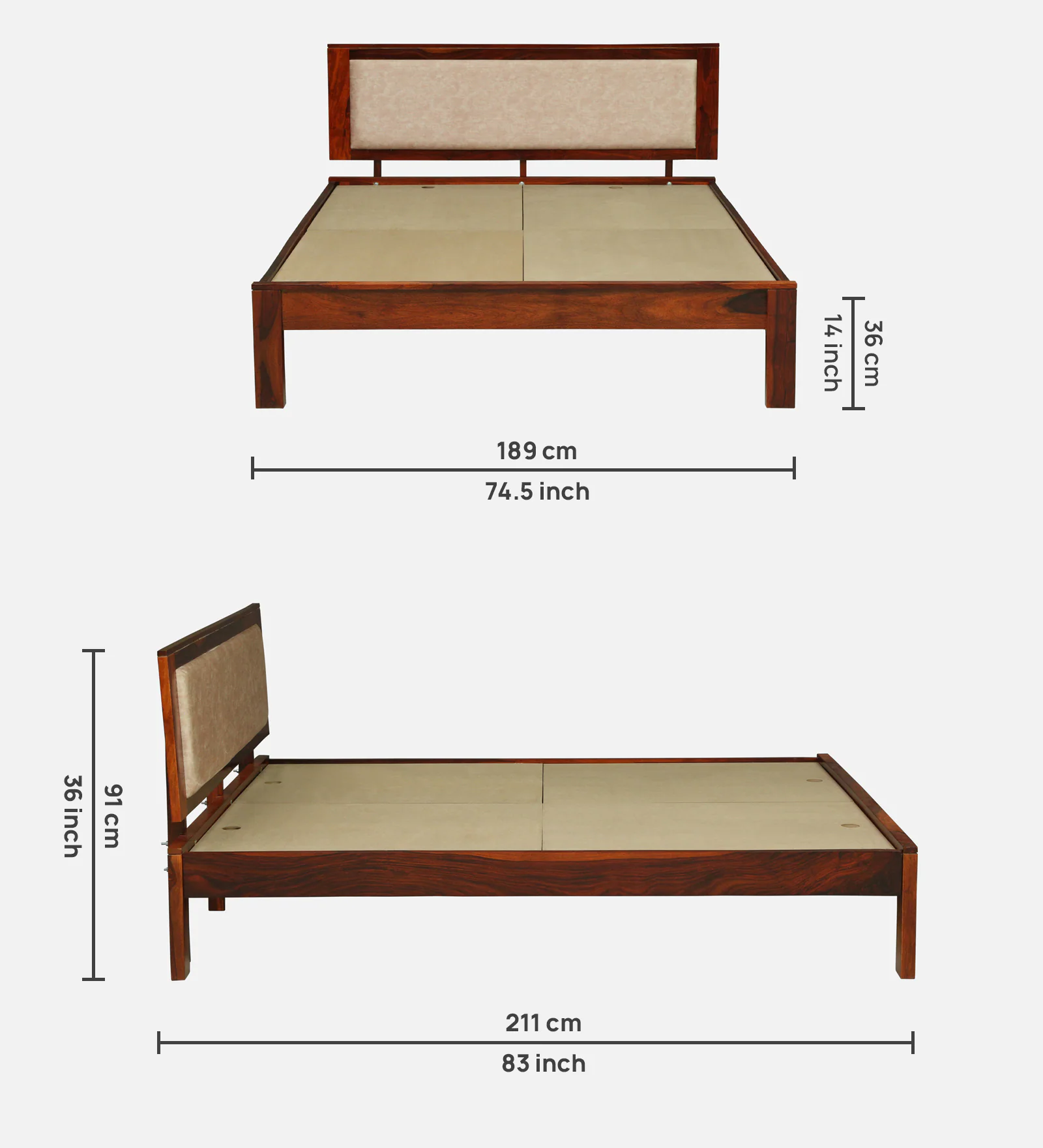 Kairo Elegant Solid Sheesham Wood Double Bed with Soft Headboard - Image 4