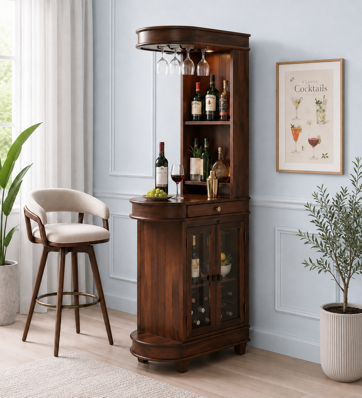 Avenza Solid Sheesham Wood Home Bar Cabinet with Drawer