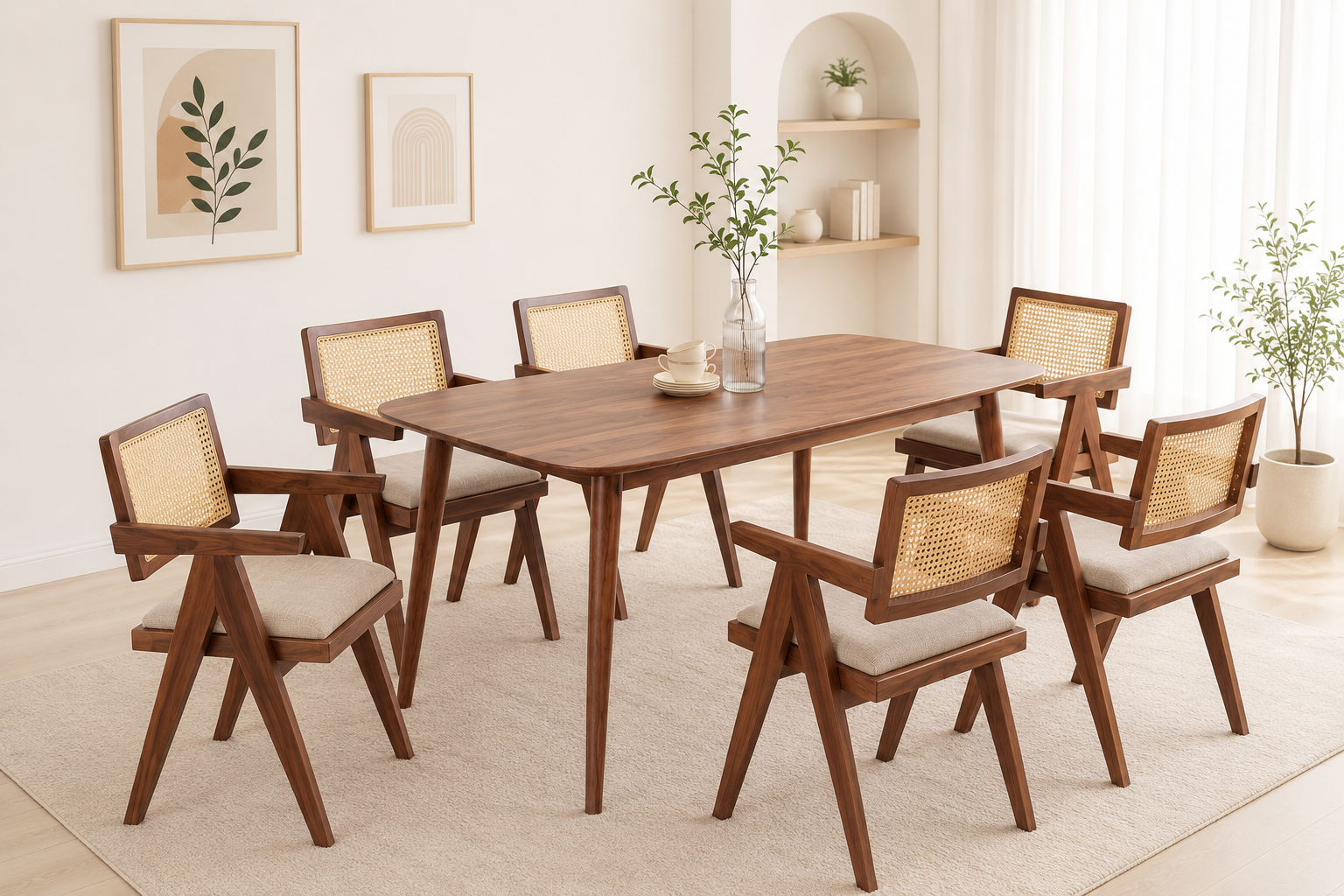 Brivon Handcrafted Solid Wood 6 Seater Dining Set with Cushioned Chairs