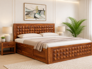 Brivona Handcrafted Solid Sheesham Wood Storage Bed with Hydraulic Storage System