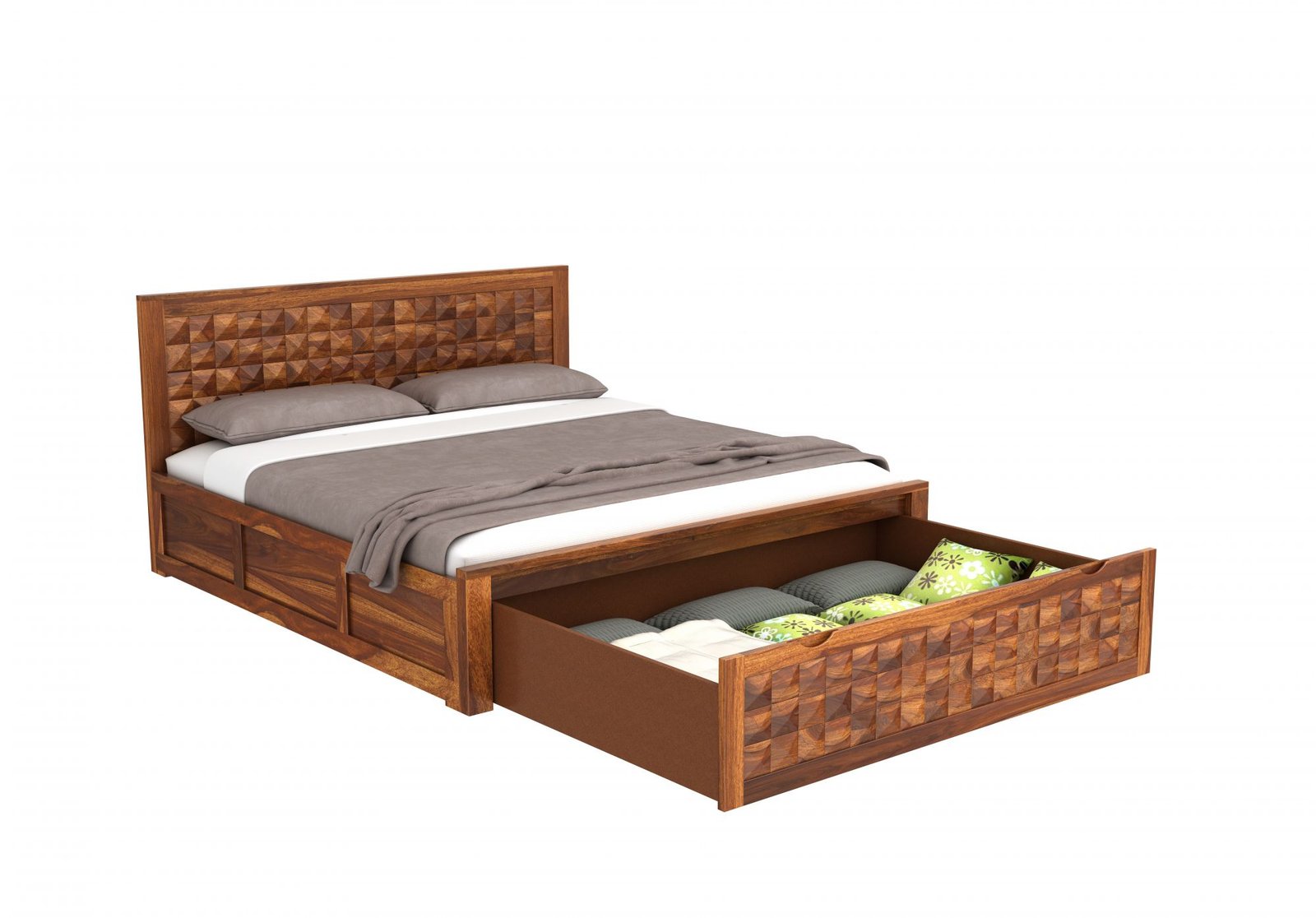 Brivona Handcrafted Solid Sheesham Wood Storage Bed with Hydraulic Storage System - Image 2