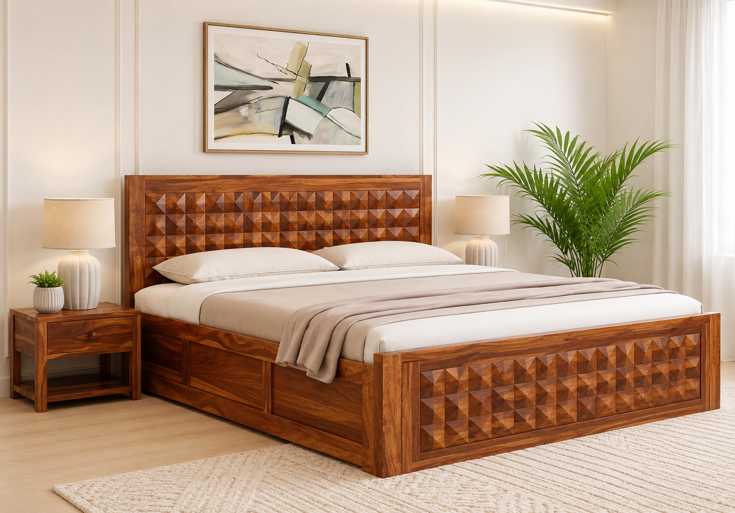 Brivona Handcrafted Solid Sheesham Wood Storage Bed with Hydraulic Storage System