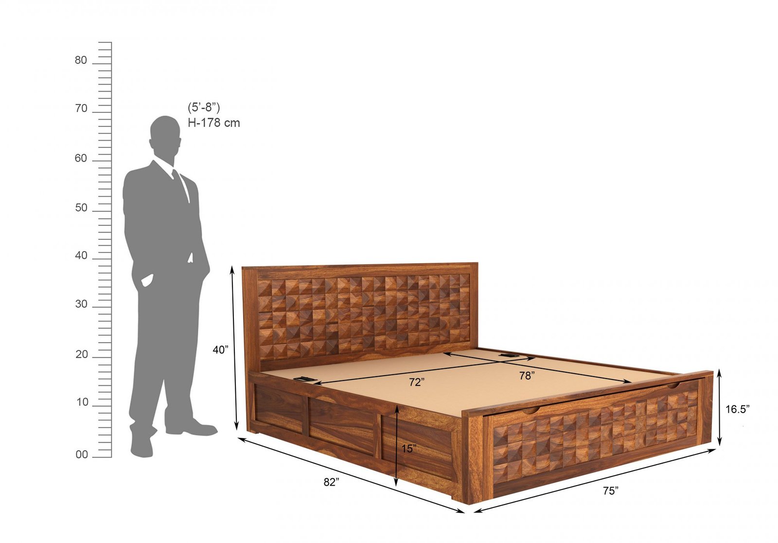 Brivona Handcrafted Solid Sheesham Wood Storage Bed with Hydraulic Storage System - Image 6