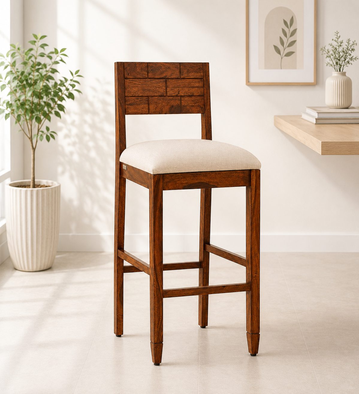 Calvion Handcrafted Sheesham Wood Bar Chair in Walnut Finish