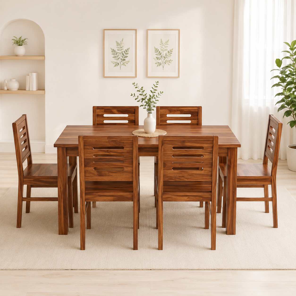 Castera Elegant Sheesham Wood 6 Seater Dining Table Set in Honey Oak Finish