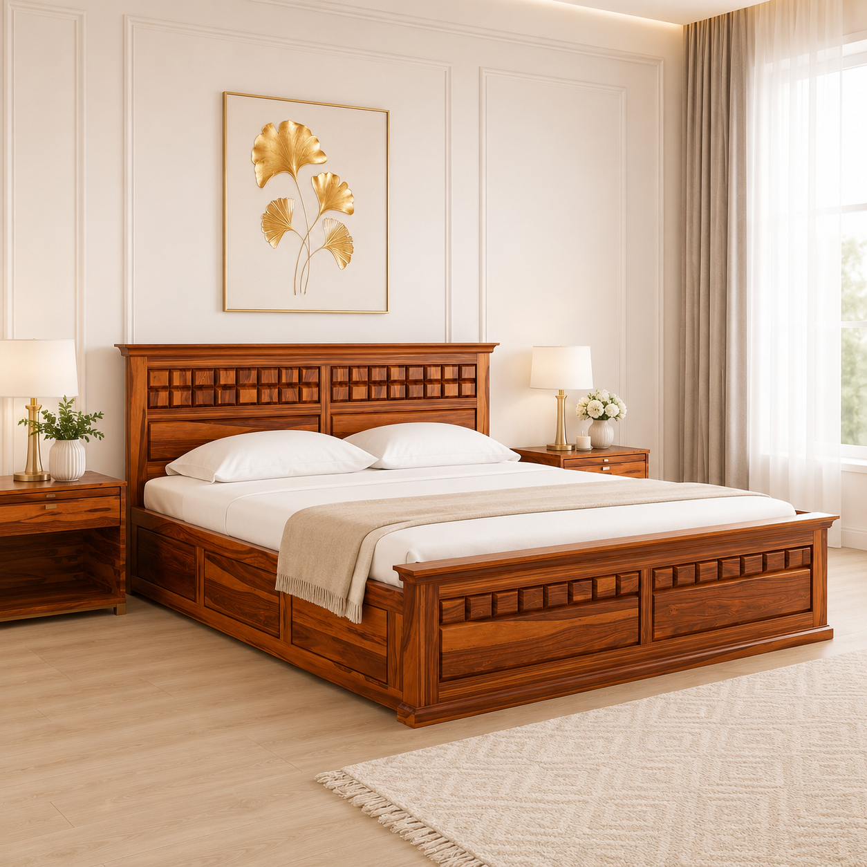 Denvora Premium Wooden Storage Bed with Spacious Box Storage in Walnut Finish
