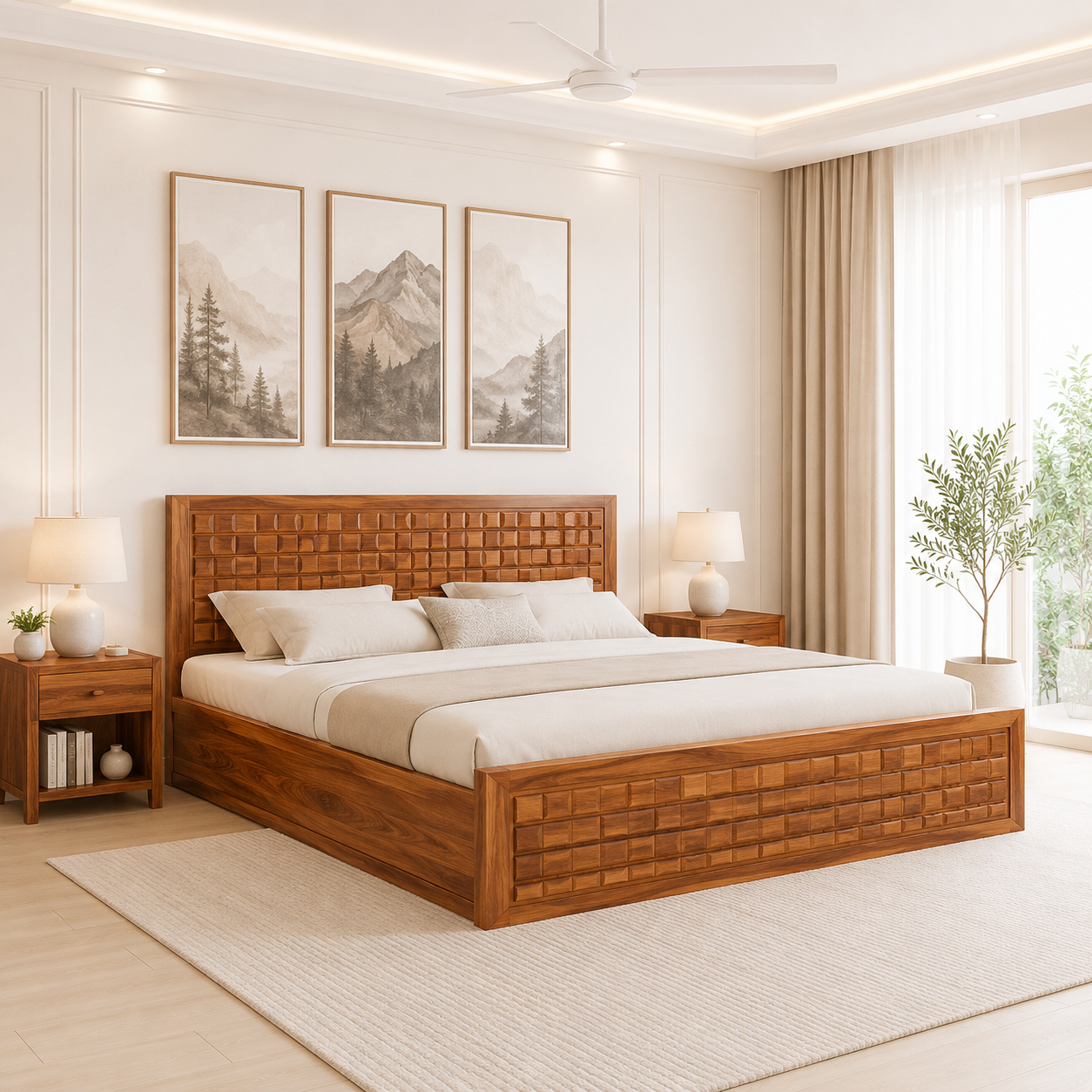 Elvora Modern Solid Sheesham Wood Storage Bed with Elegant Headboard Design