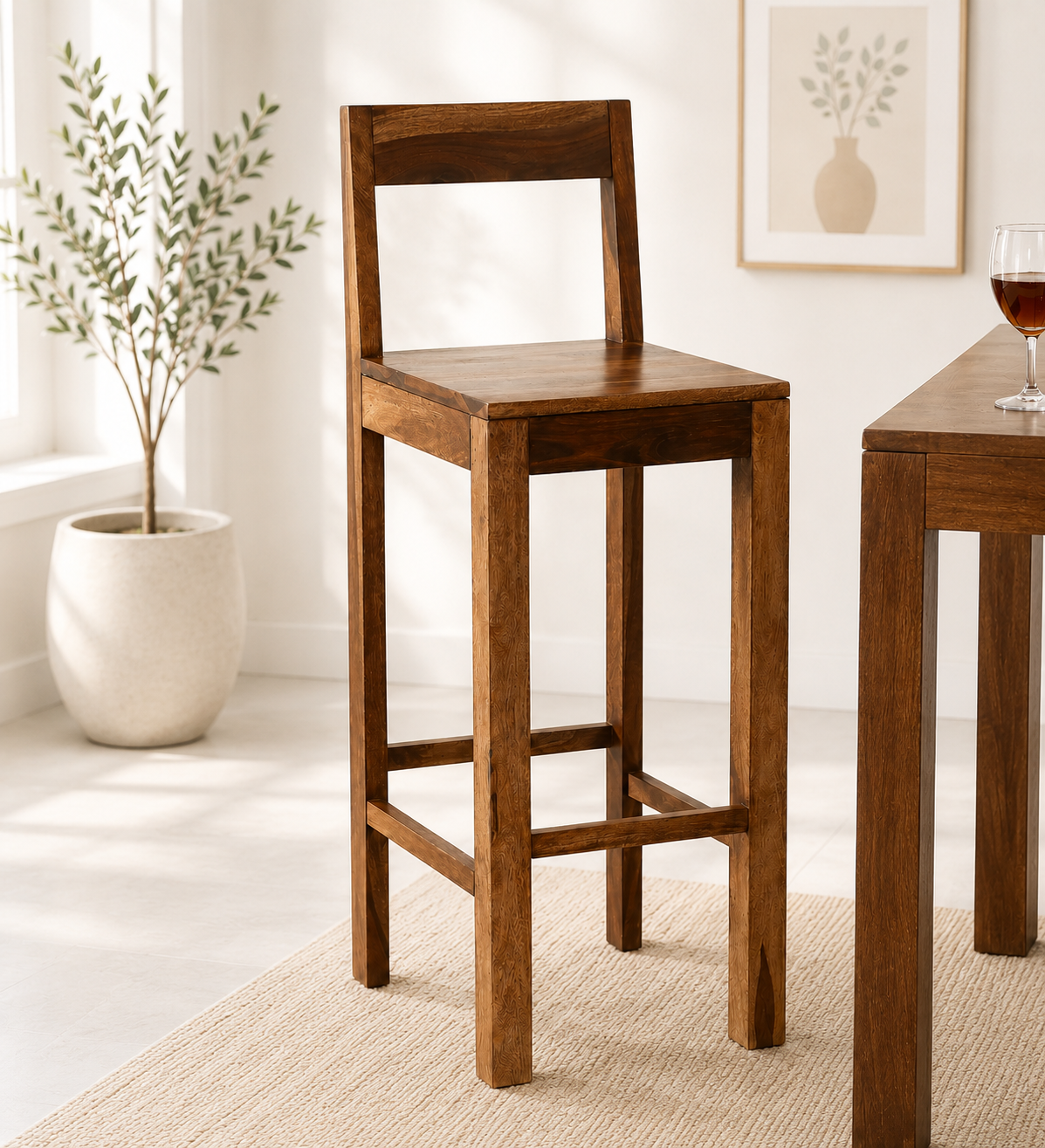 Emmen Solid Wood High Bar Chair in Rustic Teak Finish