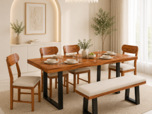 Grevix Classic Solid Wood 6 Seater Dining Set in Rustic Teak Finish