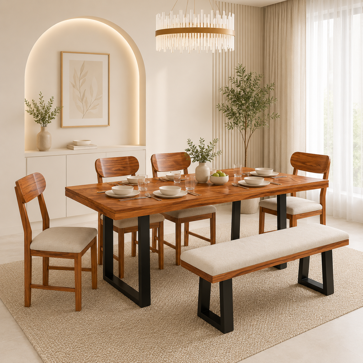 Grevix Classic Solid Wood 6 Seater Dining Set in Rustic Teak Finish