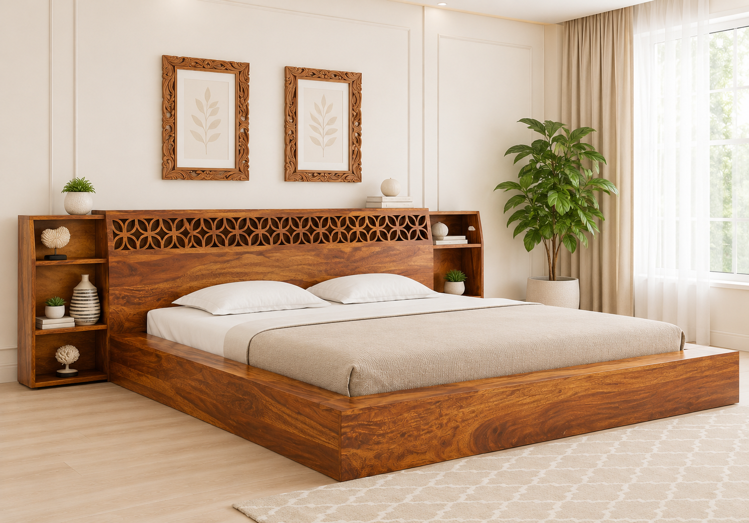 Grevix Premium Sheesham Wood Storage Bed in Provincial Teak Finish
