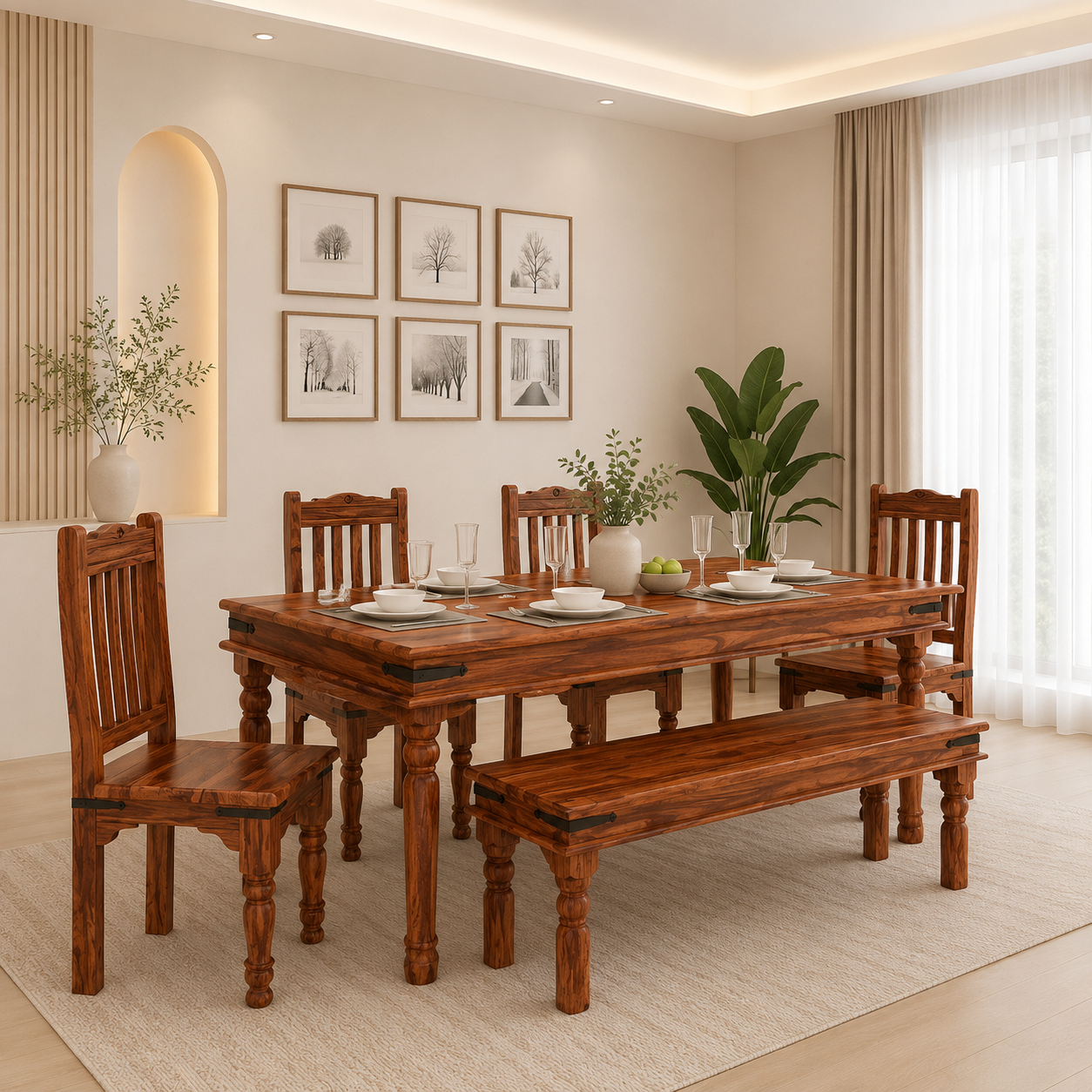 Ivoria Elegant Solid Wood Dining Set for 6 in Walnut Finish