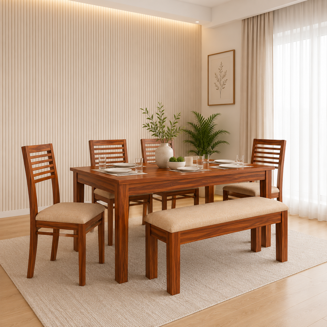 Lorenza Handcrafted Sheesham Wood 6 Seater Dining Set in Natural Finish