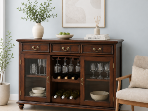 Orlena Premium Solid Wood Bar Cabinet in Walnut Finish