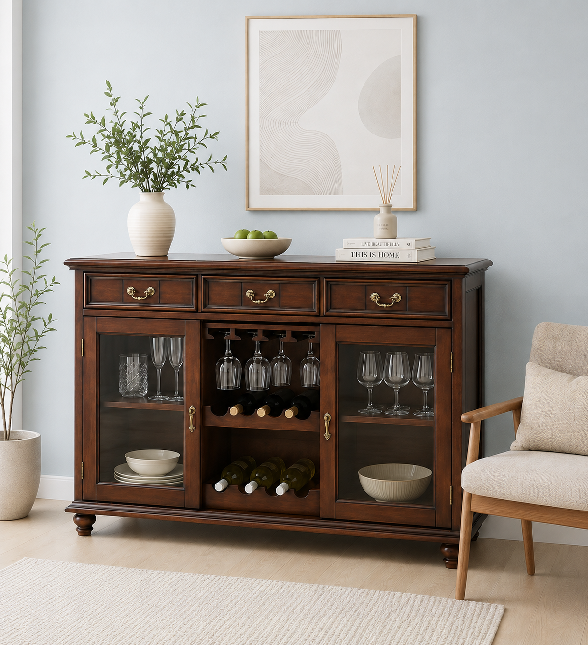 Orlena Premium Solid Wood Bar Cabinet in Walnut Finish