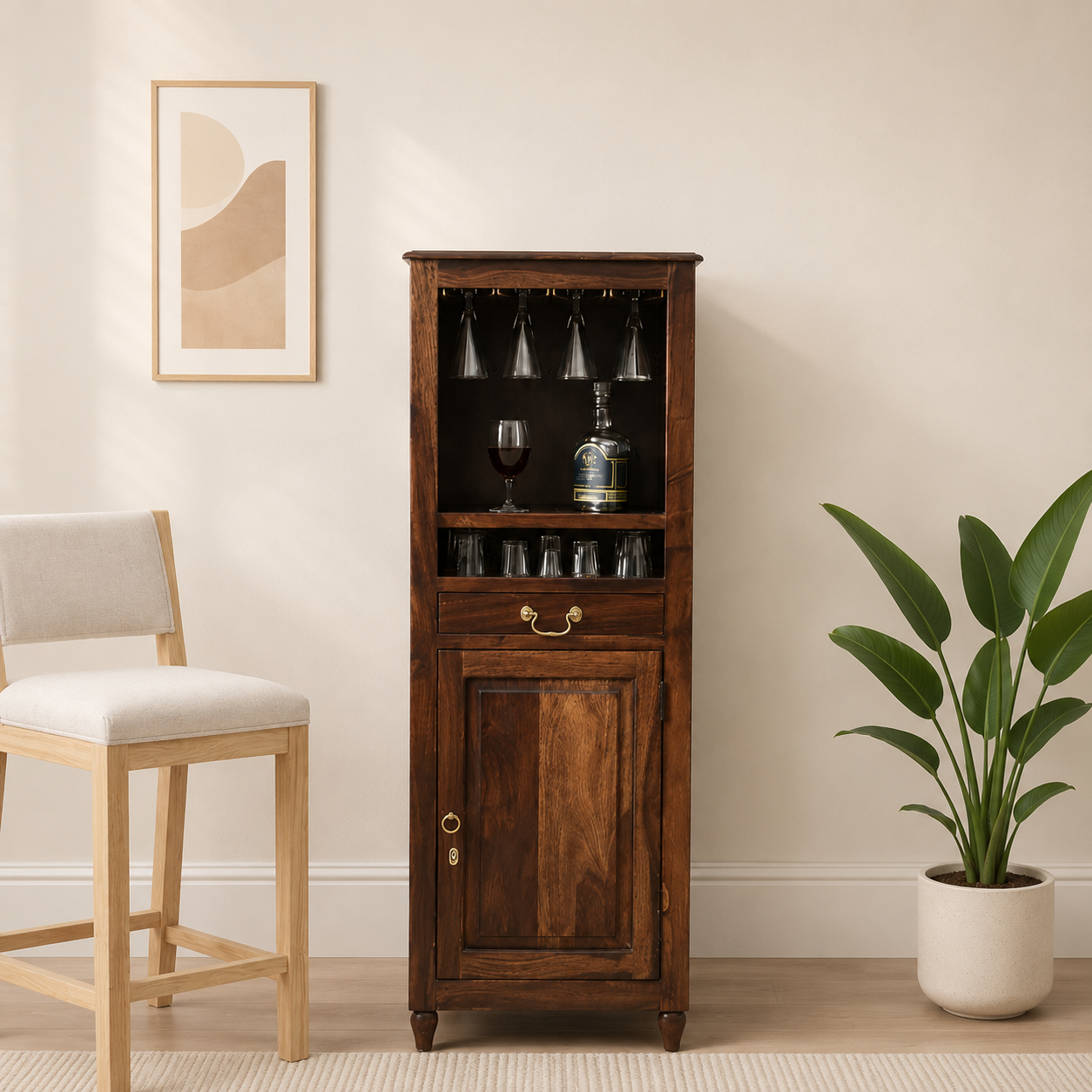 Velmont Premium Sheesham Wood Bar Cabinet in Walnut Finish
