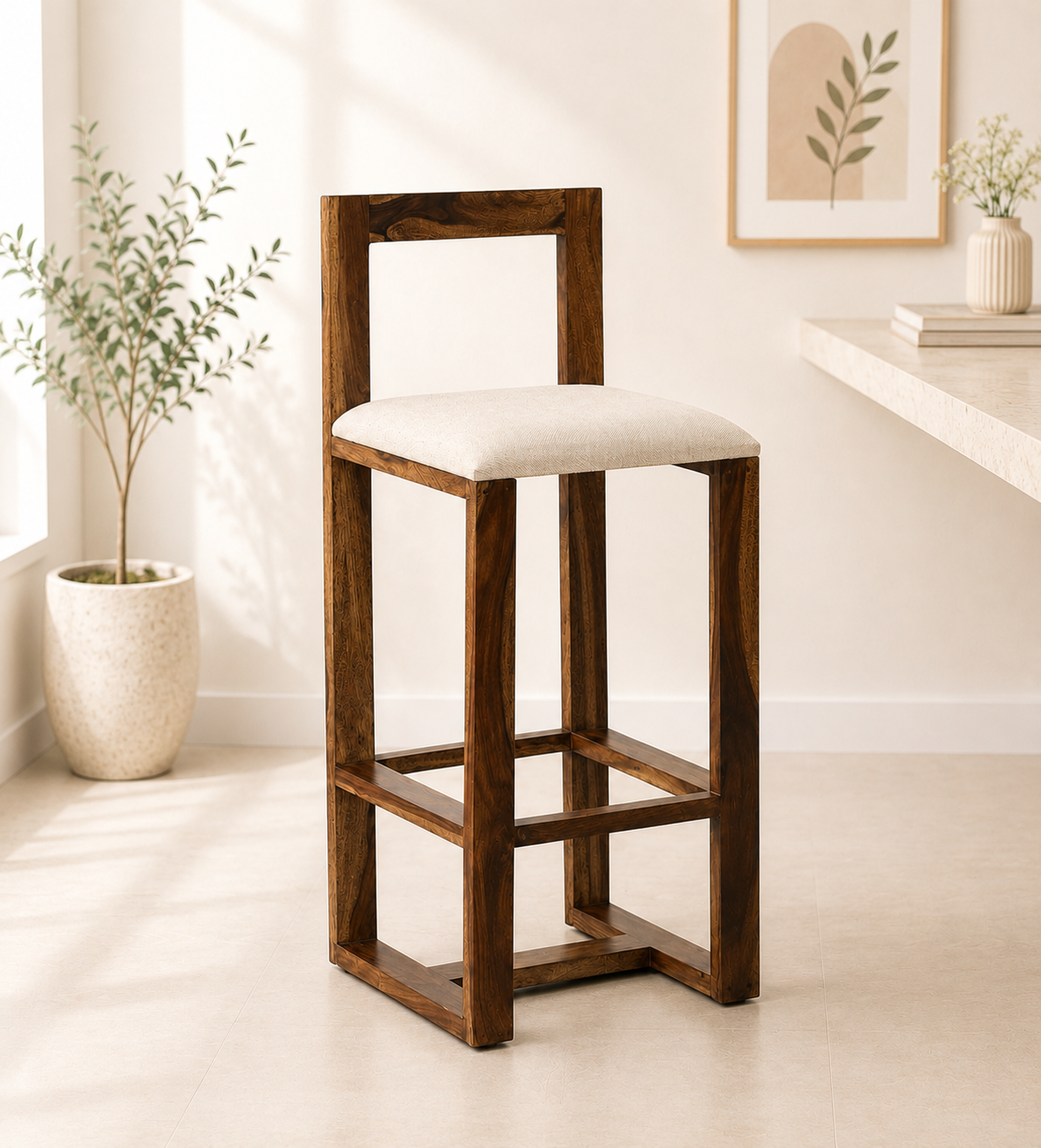 Zephron Premium Solid Wood Bar Chair with High Backrest