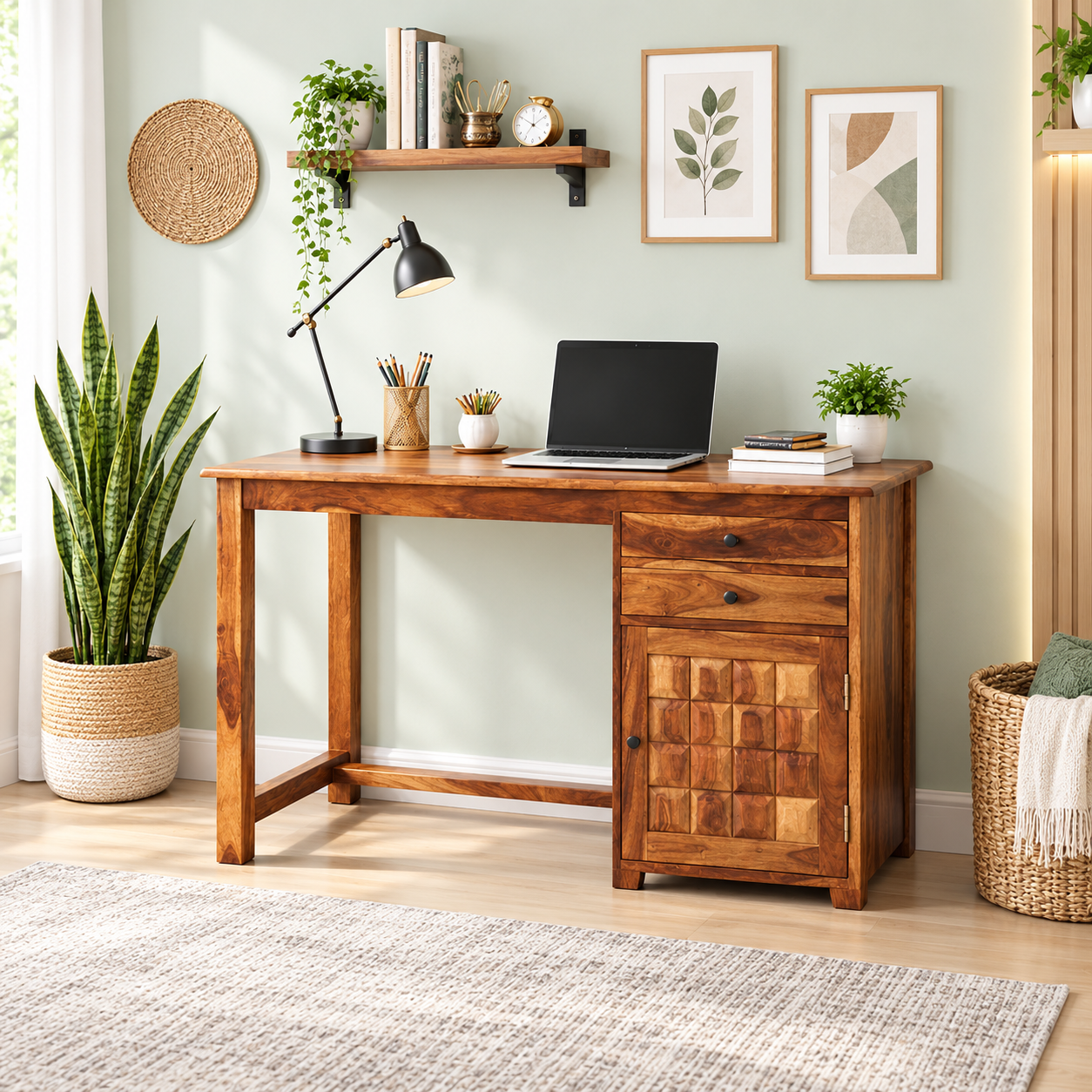3. Classic Solid Wood Study Desk with Spacious Worktop and Storage