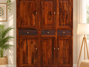 3. Modern Solid Wood Bedroom Wardrobe with Spacious Shelves and Hanging Space