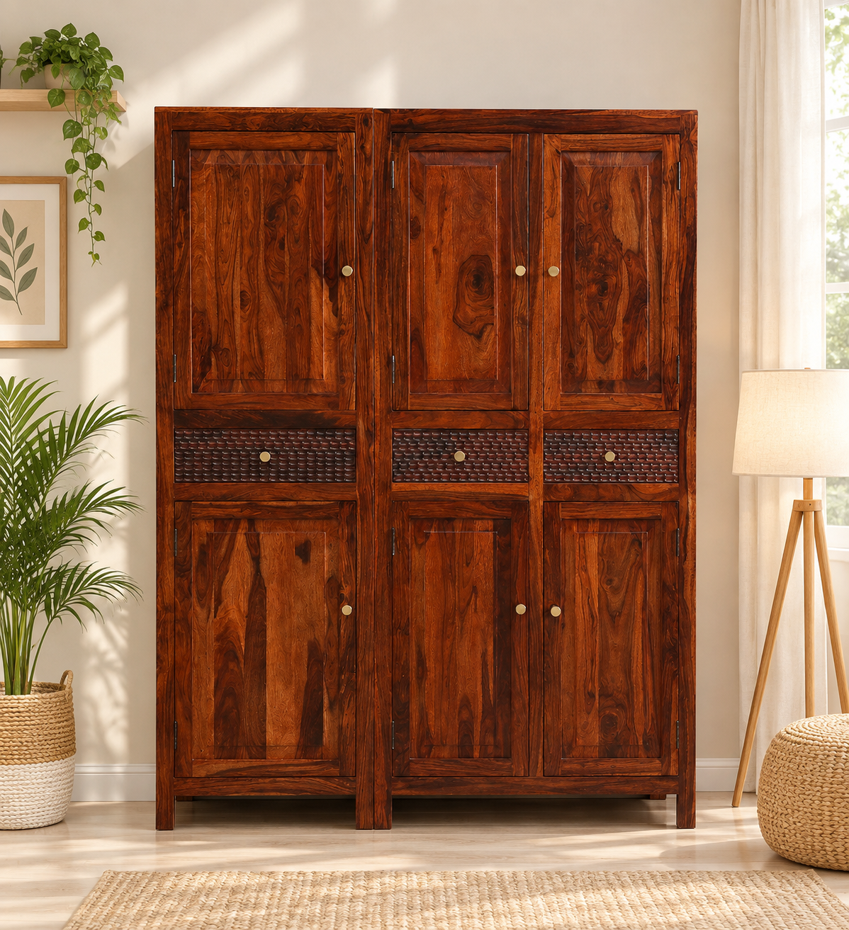 3. Modern Solid Wood Bedroom Wardrobe with Spacious Shelves and Hanging Space