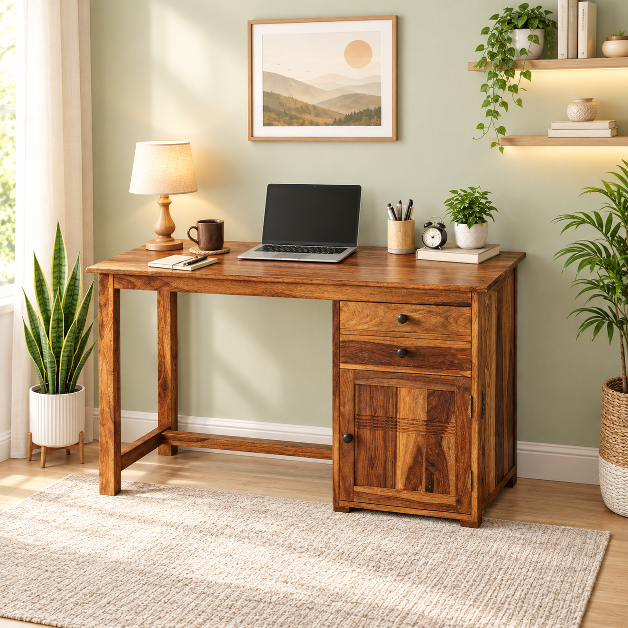 4. Natural Sheesham Wood Writing Desk for Home Office and Study