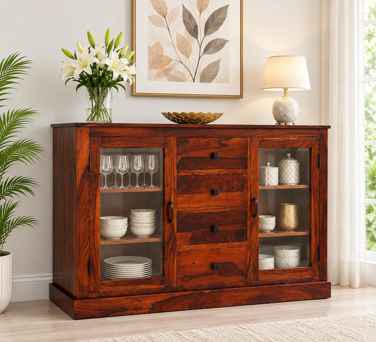 Elegant Handcrafted Sheesham Wood Crockery Display Cabinet