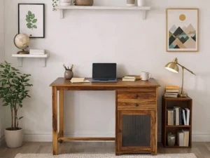 8. Minimalist Wooden Work Desk with Storage Cabinet and Spacious Design