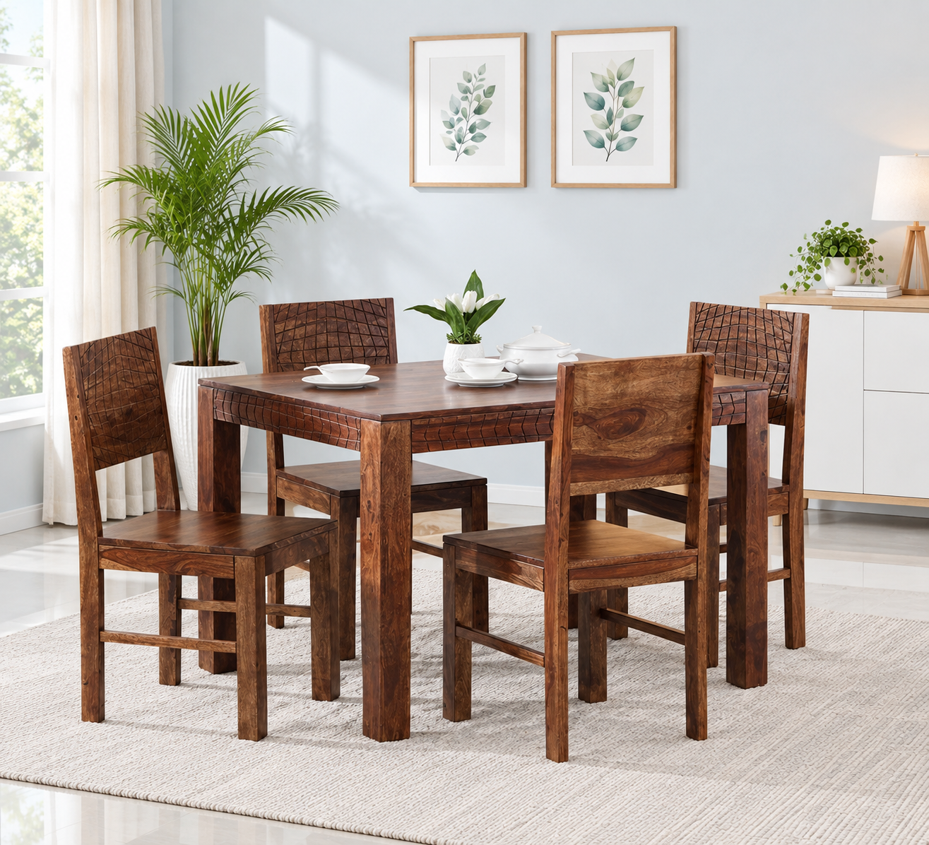Arden Elegant Solid Wood 4 Seater Dining Table with Chairs