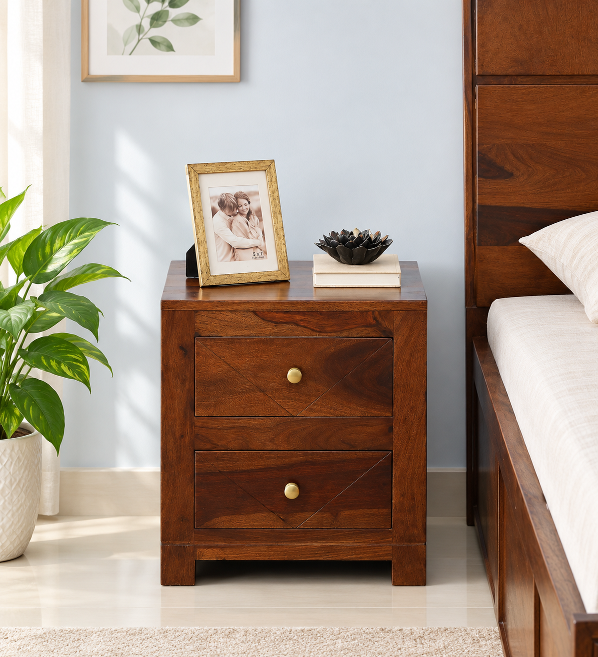 Classic Solid Sheesham Wood Bedside Table with Storage