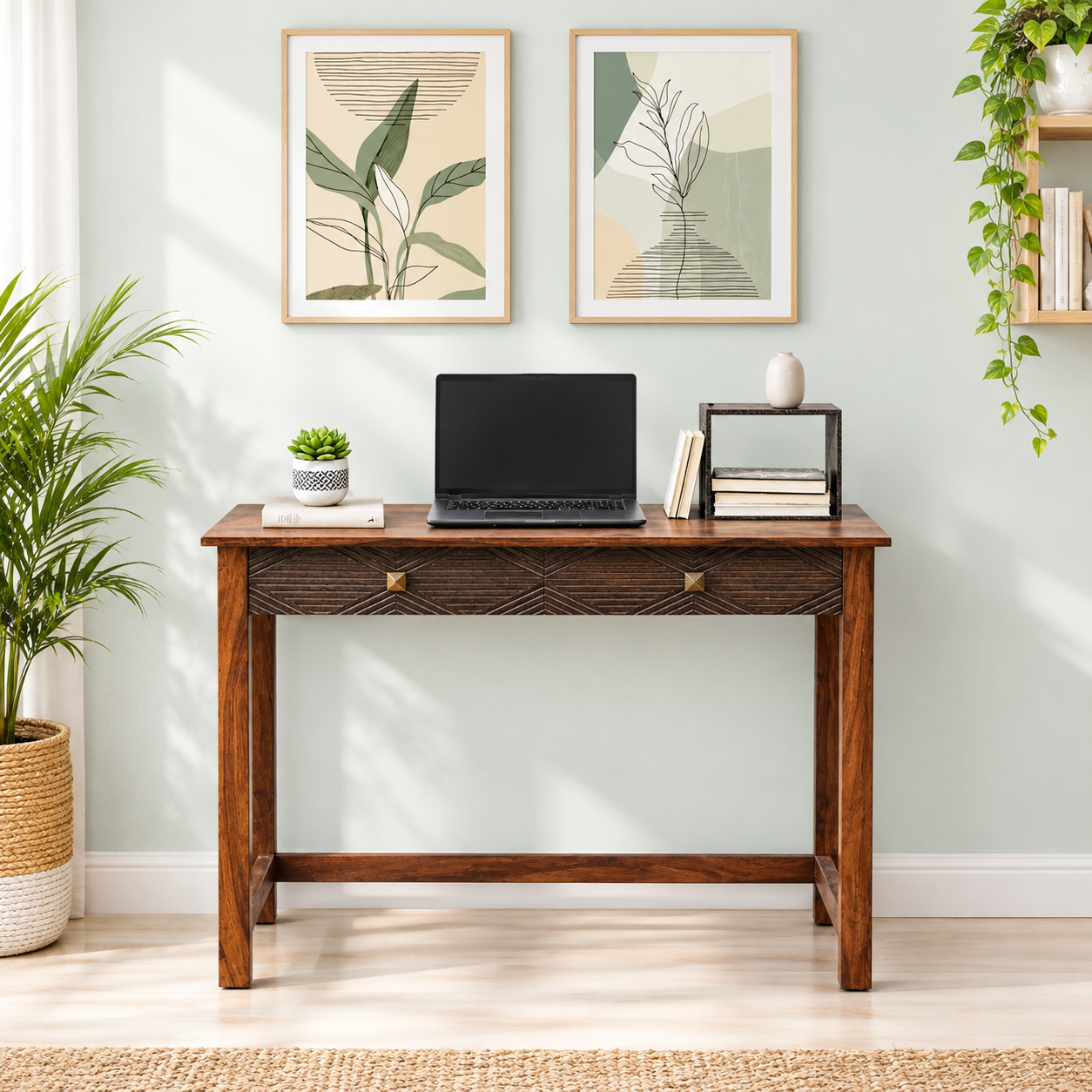 Classic Solid Sheesham Wood Study Table with Open Storage Shelf