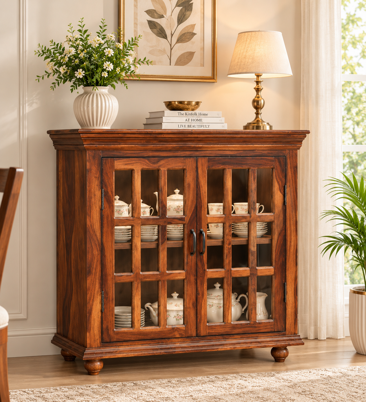 Classic Wooden Crockery Storage Unit with Glass Display Doors